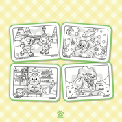 Four coloring pages with different scenes on a yellow polka dot background.