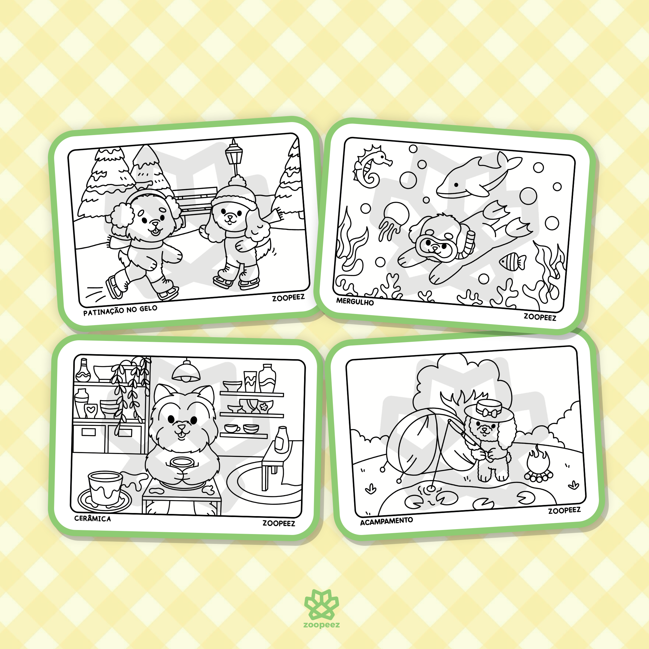 Four coloring pages with different scenes on a yellow polka dot background.