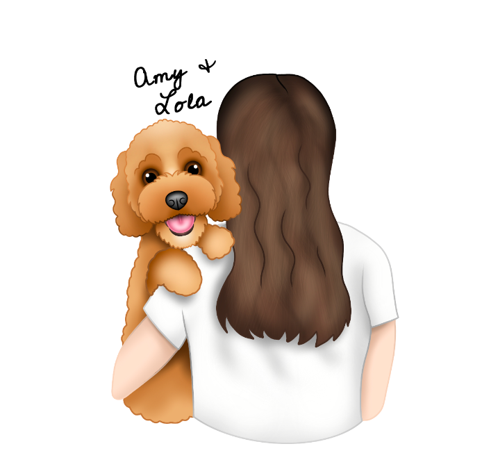 Illustration of a person with a brown dog on their shoulder, with customized names 'Amy' and 'Dota' written at the top.