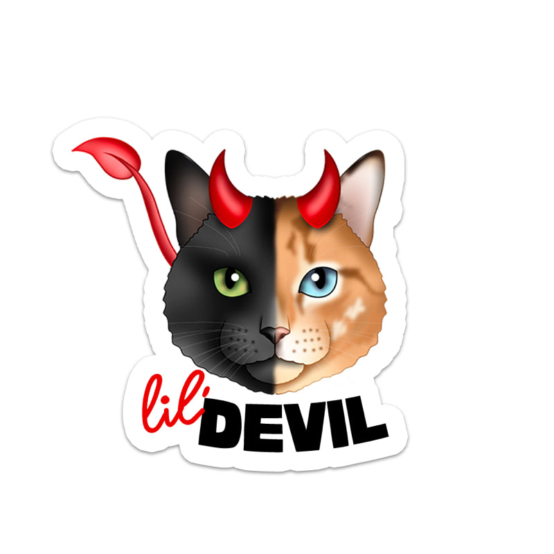 Sticker of a cat with black and orange fur, red devil horns, and the text 'lil DEVIL' on a white background.