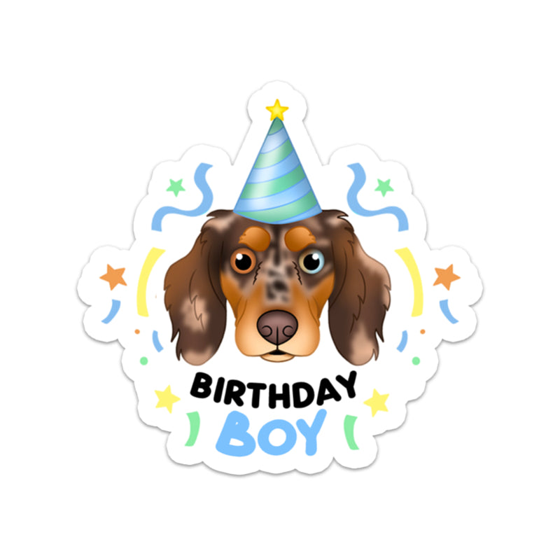 Sticker of a dog wearing a party hat with 'Birthday Boy' text on a white background