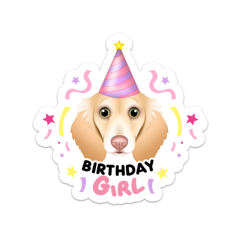 Sticker of a dog wearing a party hat with 'Birthday Girl' text on a white background