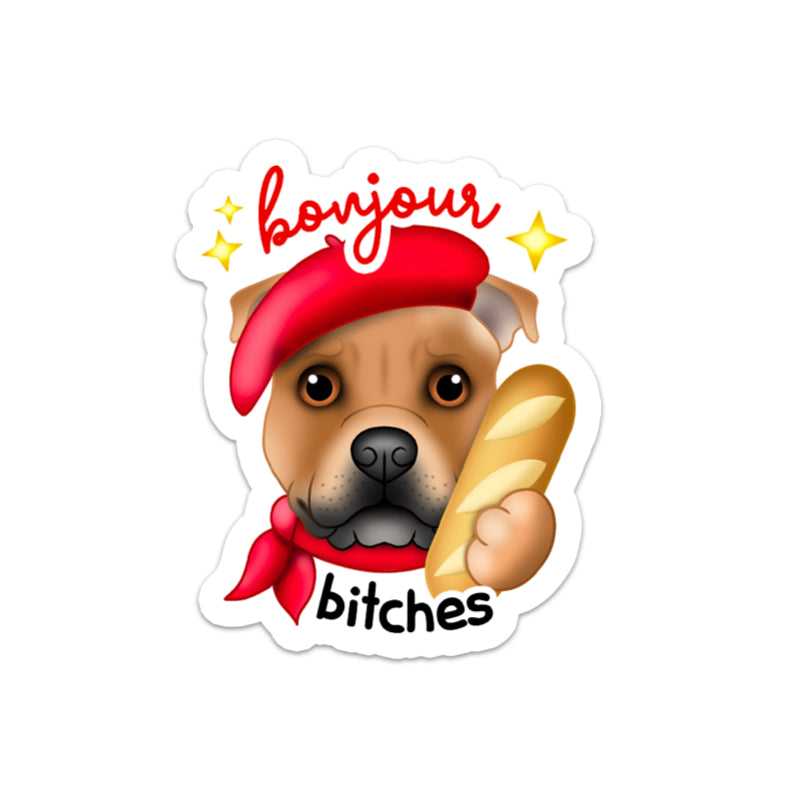 Cartoon dog wearing a red bandana and holding a baguette with text 'bonjour bêtes' on a white background