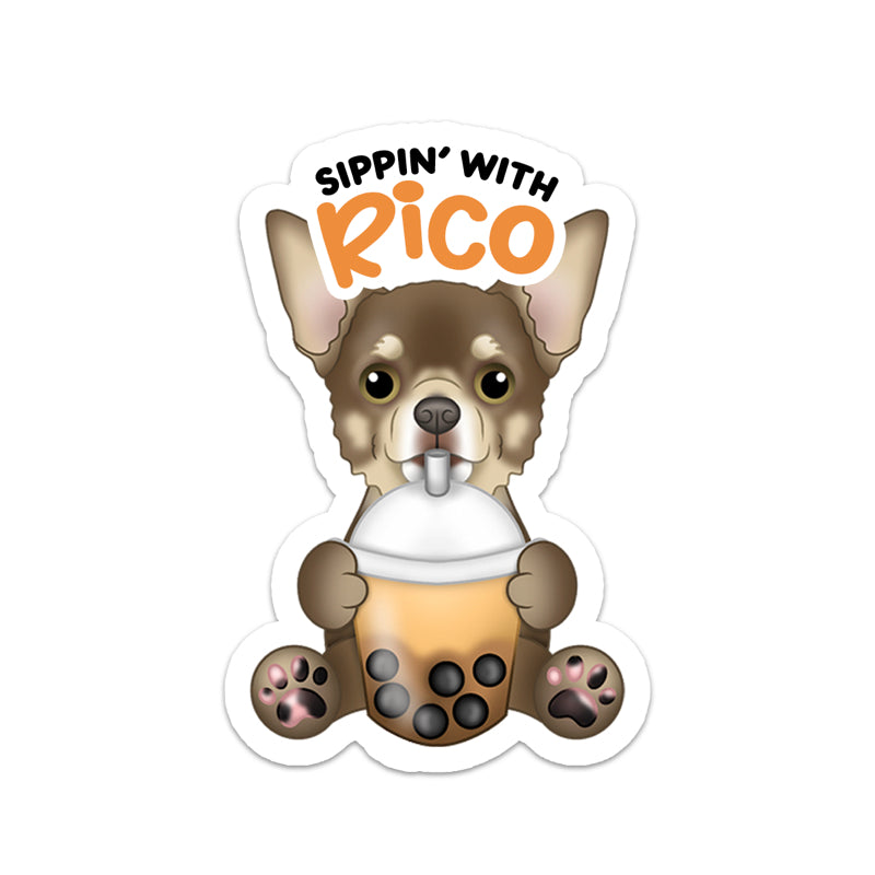 Sticker of a dog holding a cup with 'Sippin' With Rico' text on a white background