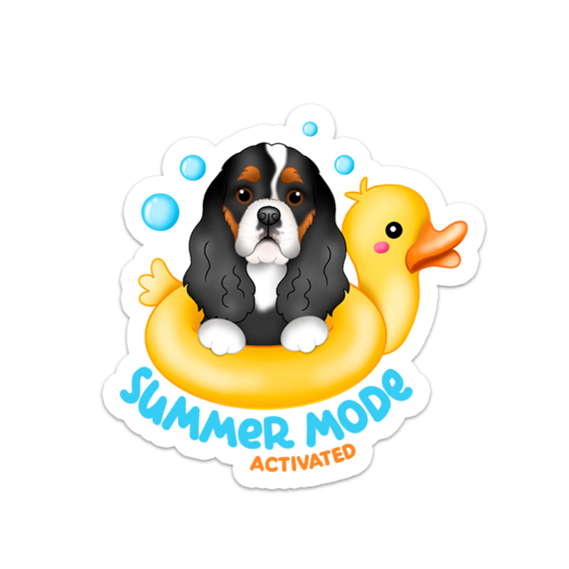 Sticker with a dog on an inflatable ring and a rubber duck, with 'Summer Mode Activated' text.
