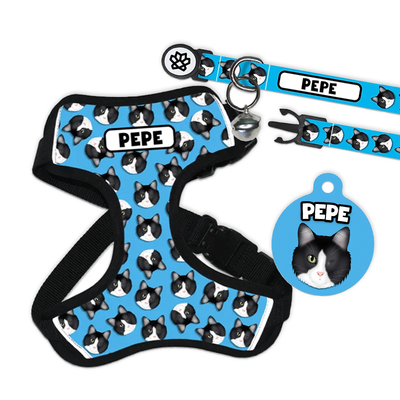A set of pet accessories featuring a blue harness, collar, and tag, each adorned with a portrait of a cat. The name 'PEPE' is prominently displayed on the items.