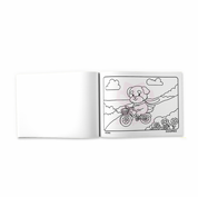 Coloring book open to a page with a cartoon character riding a bike.