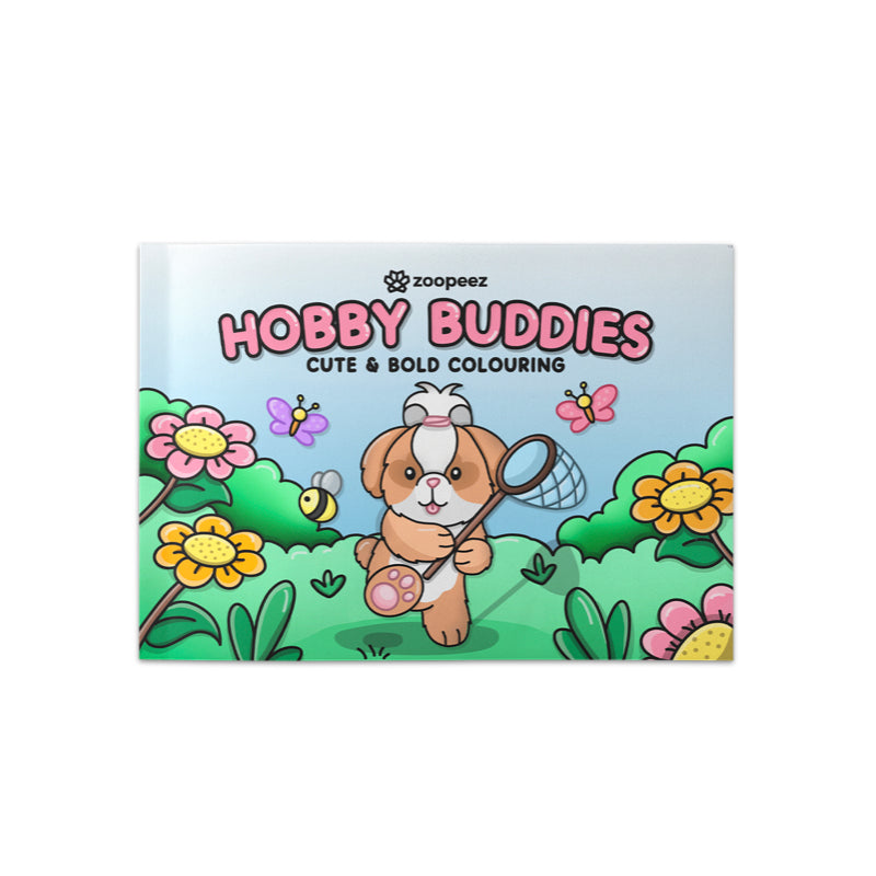 A colouring book cover featuring a cartoon dog with a tennis racket in a garden setting, with the title 'Hobby Buddies' printed at the top.