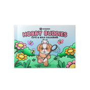 A colouring book cover featuring a cartoon dog with a tennis racket in a garden setting, with the title 'Hobby Buddies' printed at the top.