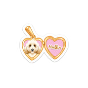 A custom pet portrait charm with a gold-colored outline and a pink background, featuring the text 'Muffin' and an image of a dog's face.