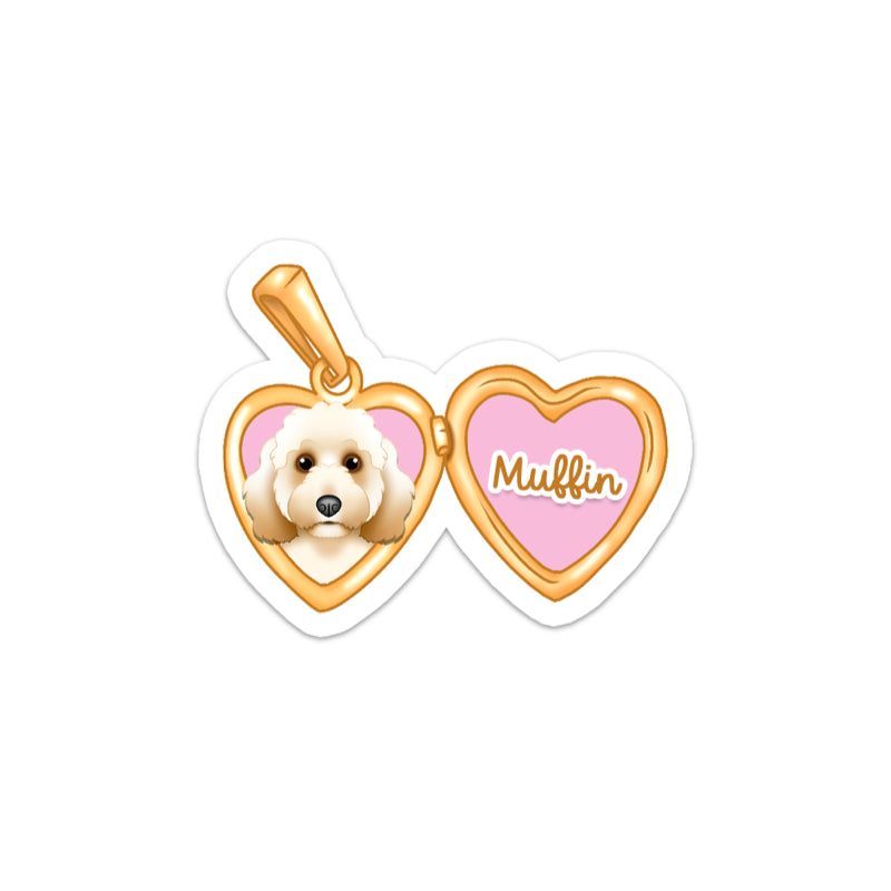 A custom pet portrait charm with a gold-colored outline and a pink background, featuring the text 'Muffin' and an image of a dog's face.