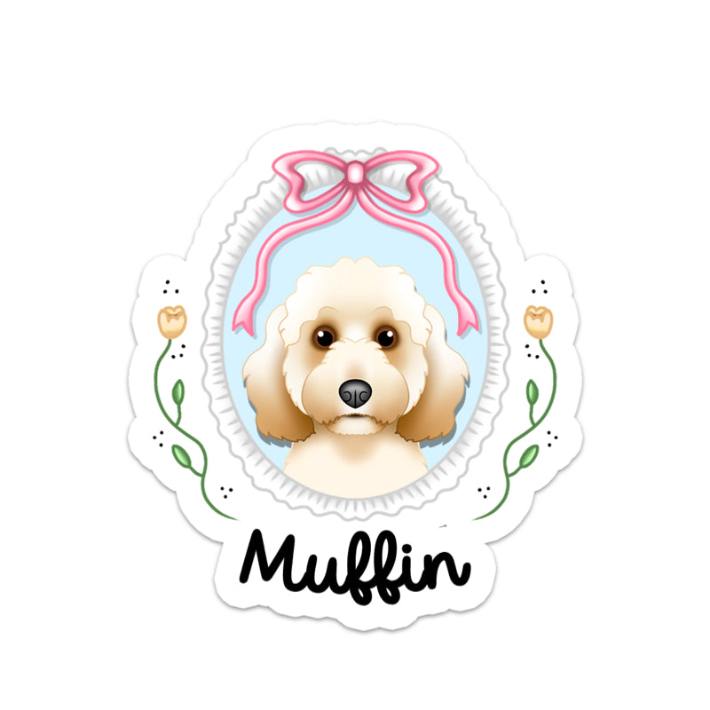 A personalized pet portrait text add-on featuring an illustration of a dog with a bandana, flowers, and the name 'Muffin' printed at the bottom.