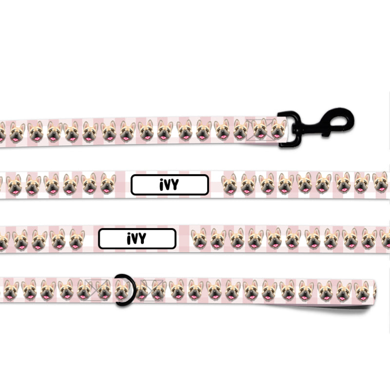 Customised dog portrait lead with patterned background featuring a hand-drawn illustration of a dog, a black D-Ring, and a swivel hook.