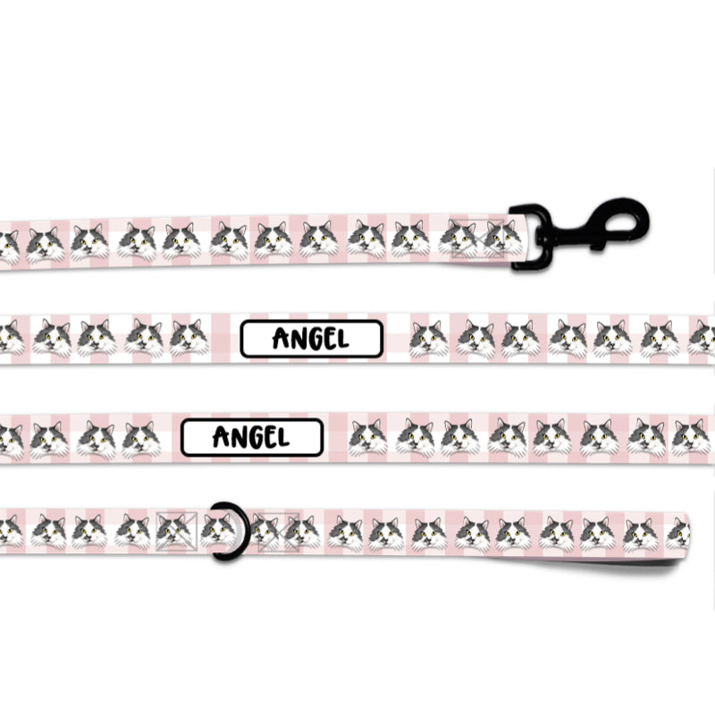 Customised cat portrait leash with name 'ANGEL' and a hand-drawn illustration of a cat on a pink background, featuring a black swivel hook and black D-Ring.