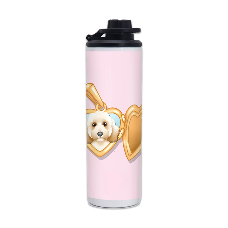 A pink water bottle with a custom hand-drawn illustration of a pet, surrounded by heart shapes and decorative elements.