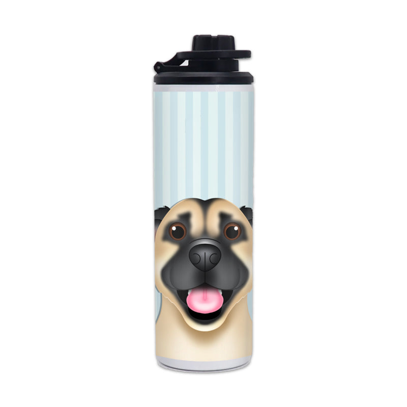 A stainless steel water bottle with a custom hand-drawn illustration of a dog on the label.