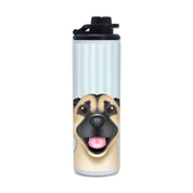 A stainless steel water bottle with a custom hand-drawn illustration of a dog on the label.