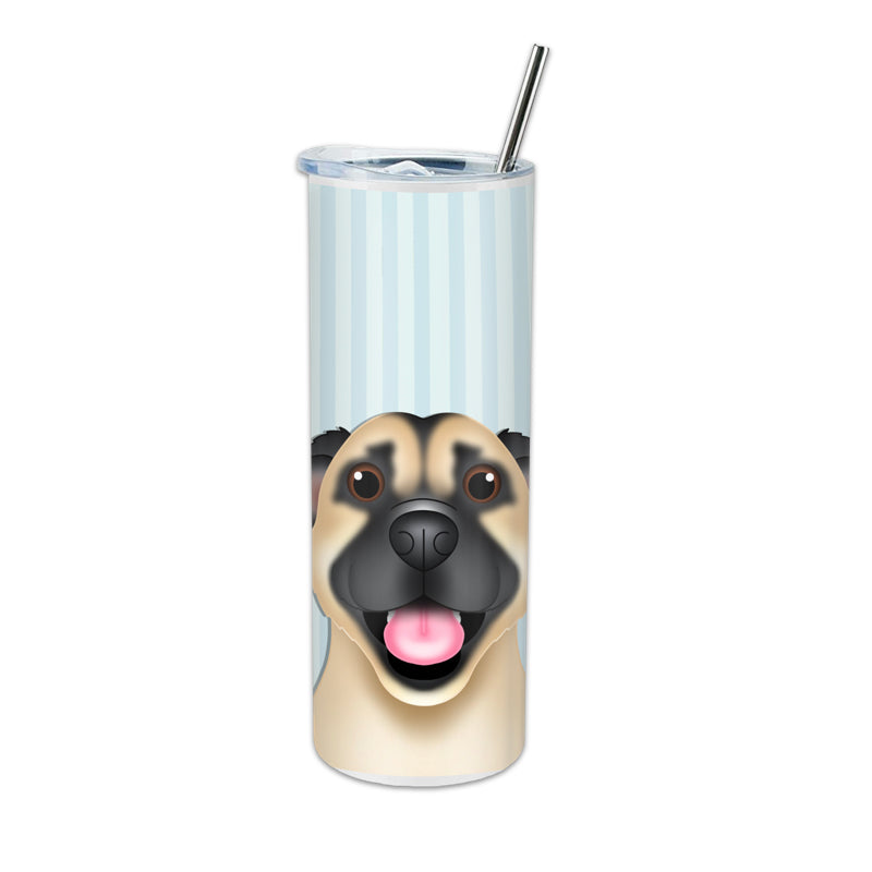 A custom pet portrait tumbler bottle with a picture of a dog on the side, accompanied by a metal straw.