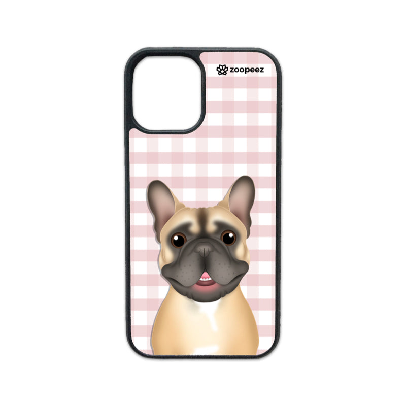 A phone case with a custom pet portrait of a dog on a pink checkered background.