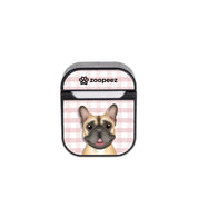 An airPod case with a custom hand-drawn illustration of a pet, in this case, a dog with a pink and white checkered background, and the brand 'zoopeez' visible on the case.