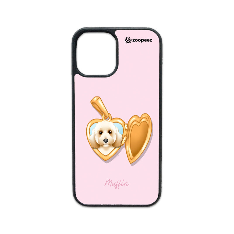 A pink mobile phone case with a custom pet portrait of a dog in the center, inside a gold frame, with the name 'Muffin' printed at the bottom.
