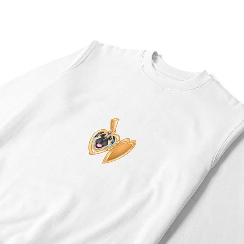 A white crewneck sweatshirt with a central chest area featuring a hand-drawn illustration of a pet.