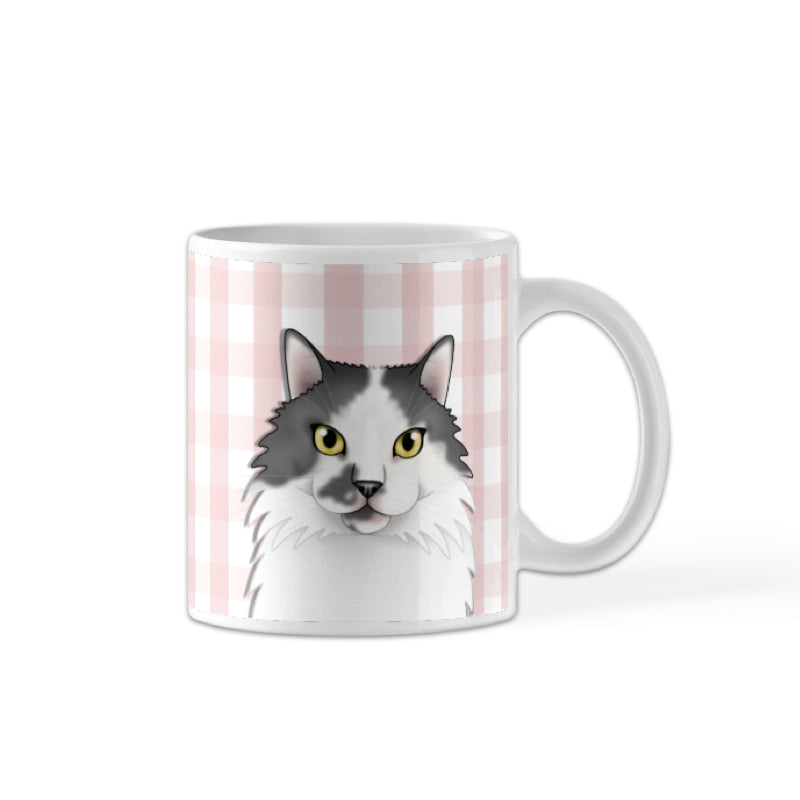 A white porcelain mug with a striped background featuring a custom hand-drawn illustration of a cat's face in the center.