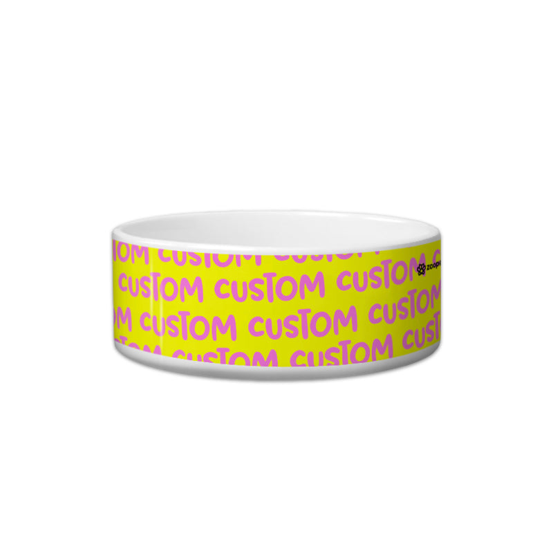 White bowl with 'CUSTOM' text in pink on a white background