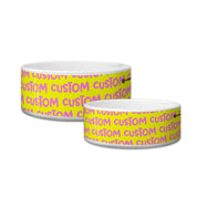 Two ceramic cat bowls with 'CUSTOM' text on a yellow background