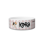 Cat food bowl with 'Kora' and a cat's face on a white background