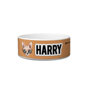 Dog bowl with 'Harry' and a dog illustration on a brown background