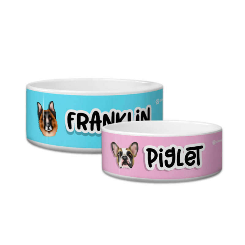 Two pet bowls, one blue and one pink, with cartoon dog illustrations and names 'Franklin' and 'Piglet'.