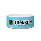 Pet bowl with a blue background, white rim, and 'Franklin' text featuring a dog illustration.