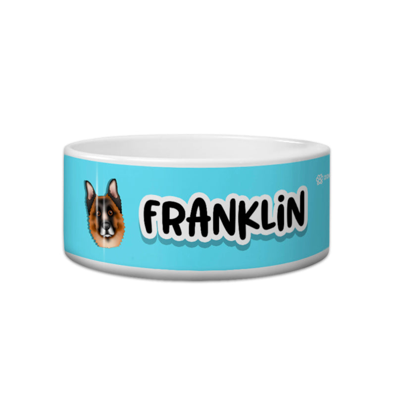 Pet bowl with a blue background, white rim, and 'Franklin' text featuring a dog illustration.