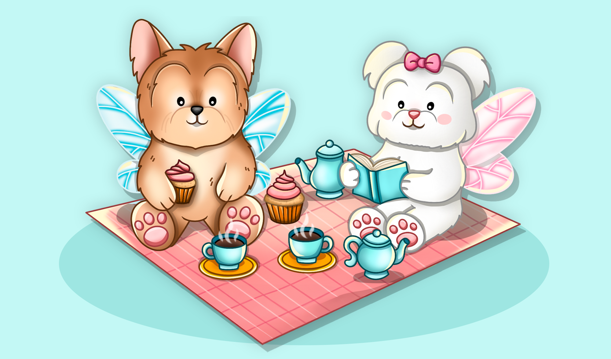Illustration of a dog and a cat with fairy wings having a tea party on a pink blanket.