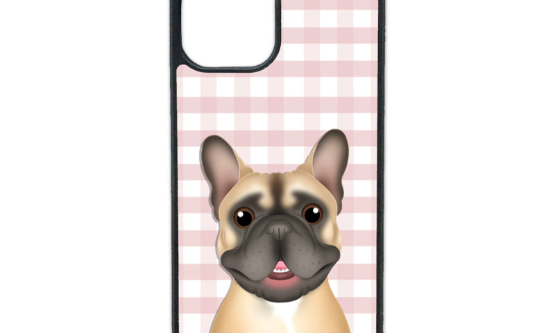 A phone case with a custom pet portrait of a dog on a pink checkered background.