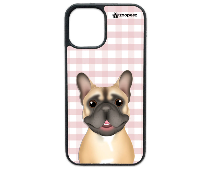 A phone case with a custom pet portrait of a dog on a pink checkered background.