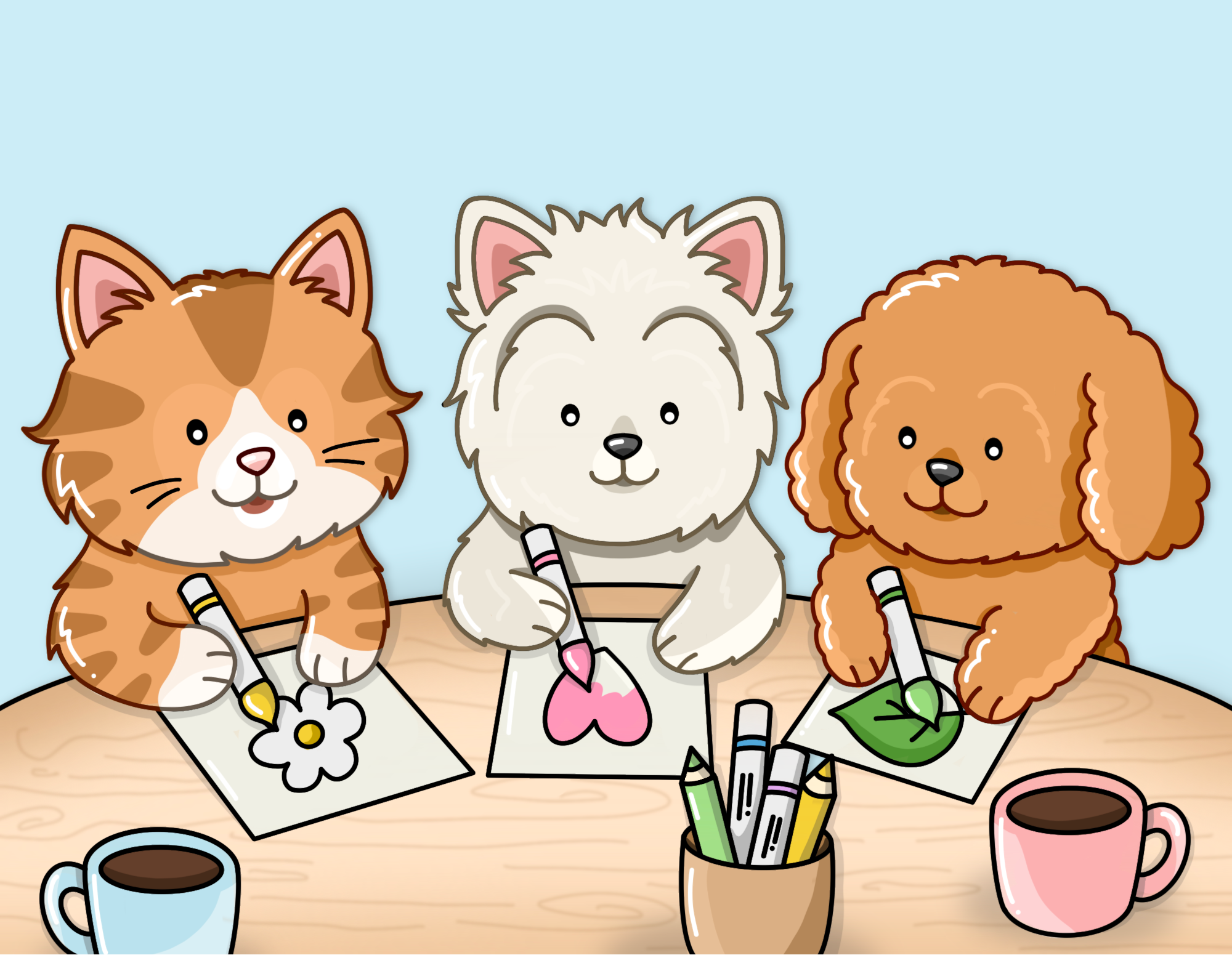 Cartoon animals (cat, dog, and bear) sitting at a table with art supplies and coffee cups.